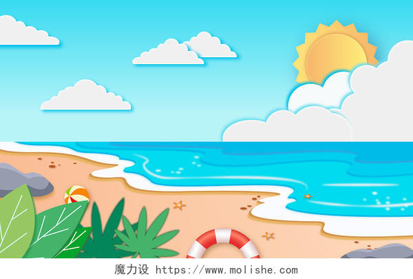夏日海滩旅行卡通剪纸风EPS插画素材夏天海滩